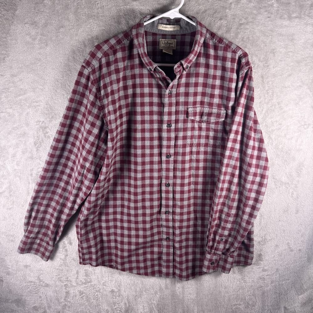 L.L. Bean Shirt Mens Large Red Check Flannel Button Up Long Sleeve Slim Fit